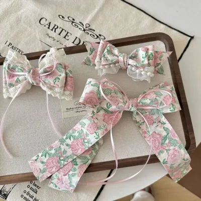 Lacy Village Market Rose Stand Pink Ribbon Bow Clip Hair Accessory